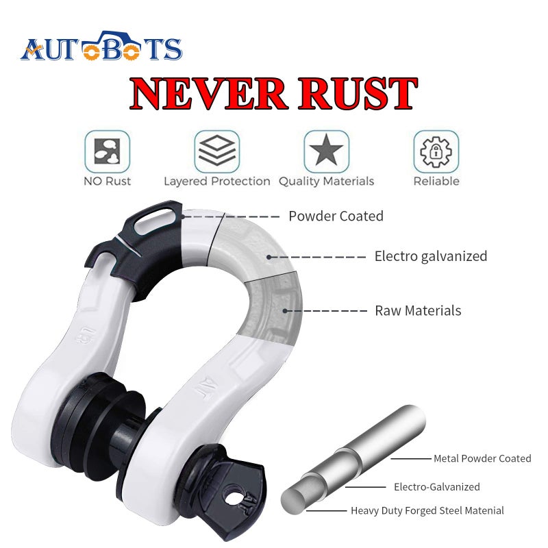 AUTOBOTS أغلال حلقية على شكل حرف D من AUTOBOTS عالية التحمل (عبوة من قطعتين) سعة 68.000 رطل أقوى من 3/4 بوصة على شكل حرف D مع دبوس لولبي 7/8 بوصة لحزام السحب ونش الطرق الوعرة لاستعادة المركبات باللون الأبيض - Image 4